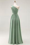 Green A-Line One Shoulder Ruched Chiffon Long Bridesmaid Dress with Slit