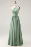 Green A-Line One Shoulder Ruched Chiffon Long Bridesmaid Dress with Slit