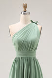 Green A-Line One Shoulder Ruched Chiffon Long Bridesmaid Dress with Slit