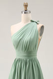 Green A-Line One Shoulder Ruched Chiffon Long Bridesmaid Dress with Slit