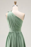 Green A-Line One Shoulder Ruched Chiffon Long Bridesmaid Dress with Slit