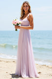 Lilac Spaghetti Straps A Line Long Bridesmaid Dress