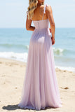 Lilac Spaghetti Straps A Line Long Bridesmaid Dress