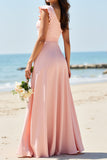 Blush One Shoulder A Line Long Bridesmaid Dress With Slit