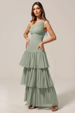 Sage Green One Shoulder Tiered A Line Long Bridesmaid Dress