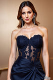 Navy Strapless Satin Corset Ruched Bodycon Cocktail Dress