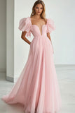Pink Ruffle A Line Formal Dress with Short Sleeves