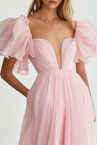 Pink Ruffle A Line Formal Dress with Short Sleeves