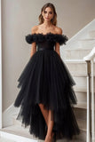 Black Off the Shoulder Ruffle High Low Formal Dress