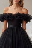 Black Off the Shoulder Ruffle High Low Formal Dress