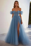 Off The Shoulder Grey Blue A Line Tulle Formal Dress