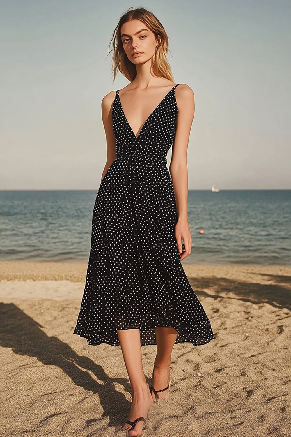EWDTREND Women Black Polka Dots Graduation Dress Sheath V Neck Midi Party Dress WEDTREND EWDTREND Women Black Polka Dots Graduation Dress Sheath V Neck Midi Party Dress WEDTREND