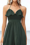Dark Green A Line Halter Ruched Midi Holiday Dress With Ruffles