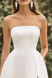 Simple A Line Strapless Satin White Graduation Dress With Slit