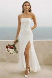 White Sheath Strapless Long Wedding Dress With Slit