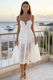 Simple Keyhole White A Line Lace Graduation Dress