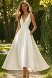 White V Neck Satin A Line Long Wedding Dress