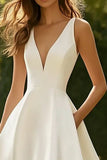 White V Neck Satin A Line Long Wedding Dress