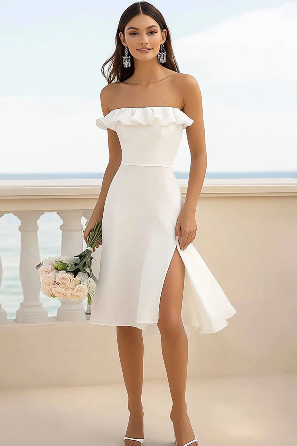 Wedtrend Women White Graduation Dress With Slit A Line Chiffon Ruffled Ceremony Dress WEDTREND Wedtrend Women White Graduation Dress With Slit A Line Chiffon Ruffled Ceremony Dress WEDTREND