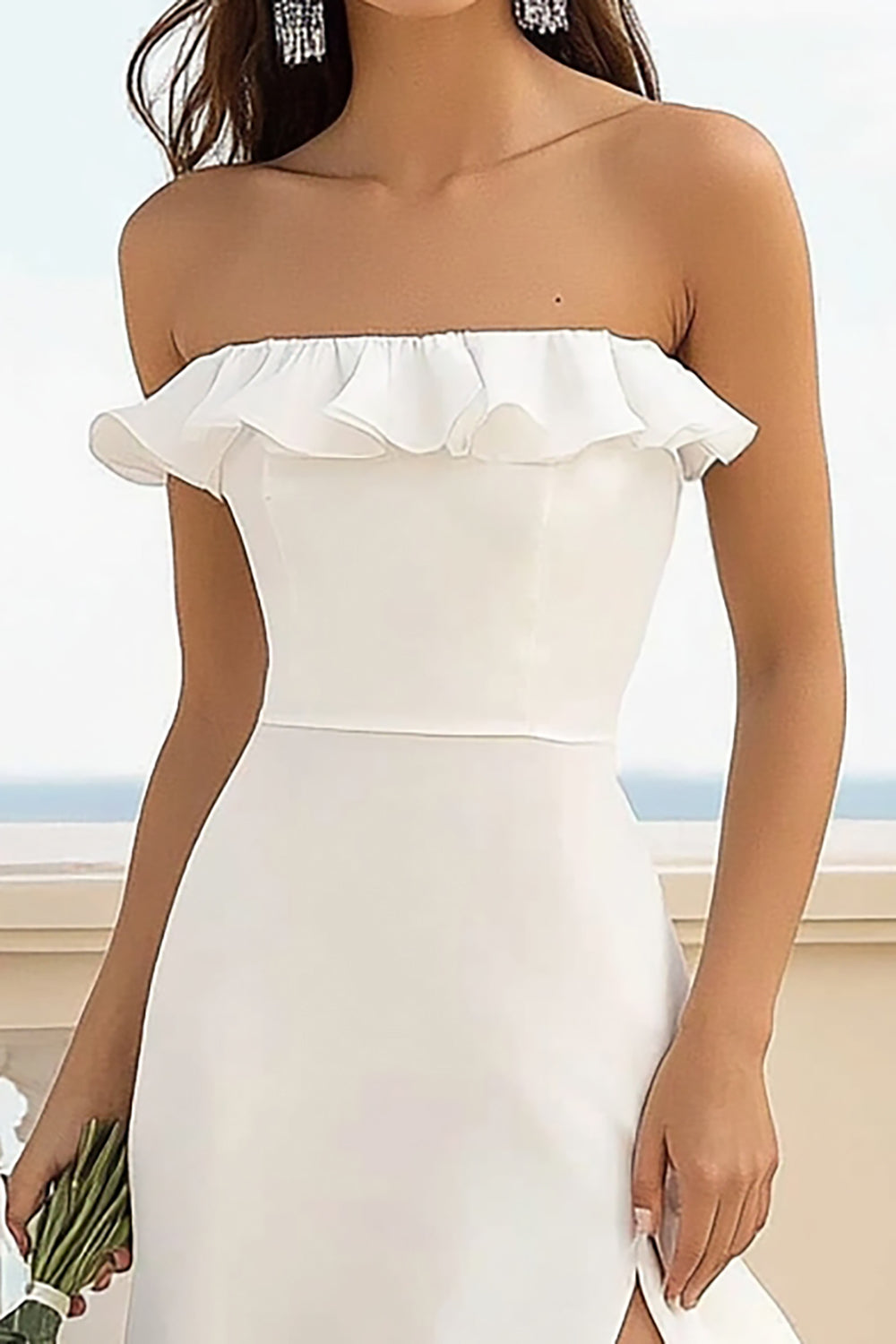 Wedtrend Women White Graduation Dress With Slit A Line Chiffon Ruffled Ceremony Dress WEDTREND Wedtrend Women White Graduation Dress With Slit A Line Chiffon Ruffled Ceremony Dress WEDTREND