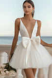 A Line V Neck Tulle Little White Dress With Bow