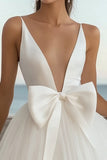 A Line V Neck Tulle Little White Dress With Bow