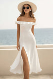 Off The Shoulder White Ruffled Long Holiday Party Dress With Slit