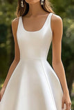 White Satin A Line Square Neck Graduation Dress