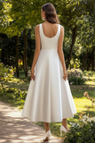 White Satin A Line Square Neck Graduation Dress
