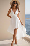 White V Neck Ruffled Asymmetrical Holiday Party Dress