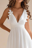 White V Neck Ruffled Asymmetrical Holiday Party Dress