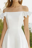 Off The Shoulder A Line Satin Ruffled White Graduation Dress