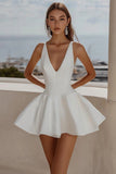 Simple V Neck A Line Short White Graduation Dress