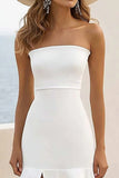 Simple Strapless Sheath Asymmetrical Long Holiday Party Dress With Slit
