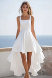 White Simple Square Neck High-Low A Line Graduation Dress With Ruffles