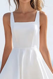 White Simple Square Neck High-Low A Line Graduation Dress With Ruffles