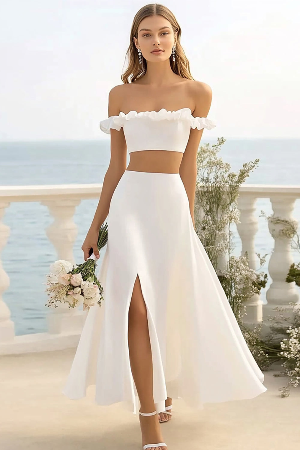 WEDTREND Women Off The Shoulder Holiday Party Dress With Slit Simple Two Pieces A Line White Long Engagement Dress WEDTREND Women Off The Shoulder Holiday Party Dress With Slit Simple Two Pieces A Line White Long Engagement Dress