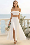 Simple Off The Shoulder Two Pieces A Line White Holiday Party Dress With Slit