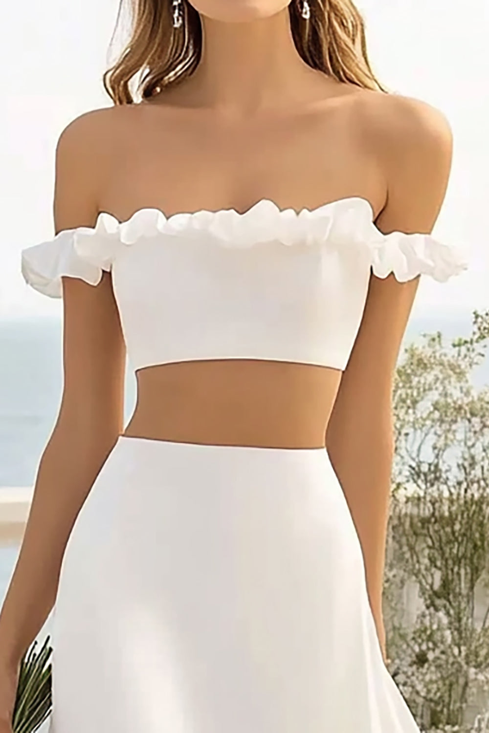 WEDTREND Women Off The Shoulder Holiday Party Dress With Slit Simple Two Pieces A Line White Long Engagement Dress WEDTREND Women Off The Shoulder Holiday Party Dress With Slit Simple Two Pieces A Line White Long Engagement Dress