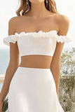 Simple Off The Shoulder Two Pieces A Line White Holiday Party Dress With Slit