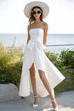 Simple Strapless A Line White High-Low Holiday Party Dress With Bow