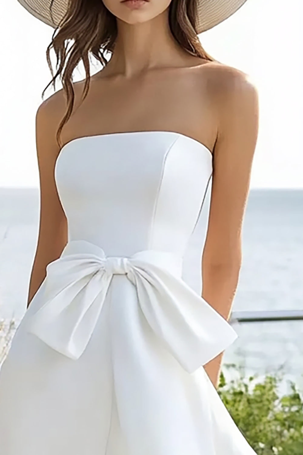 WEDTREND Women Simple Strapless Holiday Party Dress With Bow A Line White High-Low Engagement Dress WEDTREND Women Simple Strapless Holiday Party Dress With Bow A Line White High-Low Engagement Dress