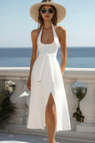 Simple Halter A Line White Midi Graduation Dress With Slit