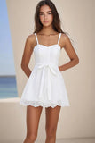 Simple White A Line Spaghetti Straps Short Lace Graduation Dress With Sash