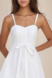 Simple White A Line Spaghetti Straps Short Lace Graduation Dress With Sash