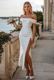 Off The Shoulder Satin Simple White Bodycon Midi Wedding Dress With Slit