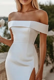 Off The Shoulder Satin Simple White Bodycon Midi Wedding Dress With Slit