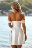 Off The Shoulder Satin Ruched Bodycon White Short Graduation Dress