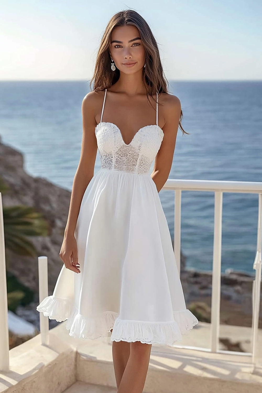 WEDTREND Women White Graduation Dress With Lace Spaghetti Straps A Line Knee -Length Grad Ceremony Dress WEDTREND Women White Graduation Dress With Lace Spaghetti Straps A Line Knee -Length Grad Ceremony Dress