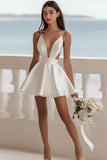 White A Line Satin V Neck Short Cut Out Graduation Dress